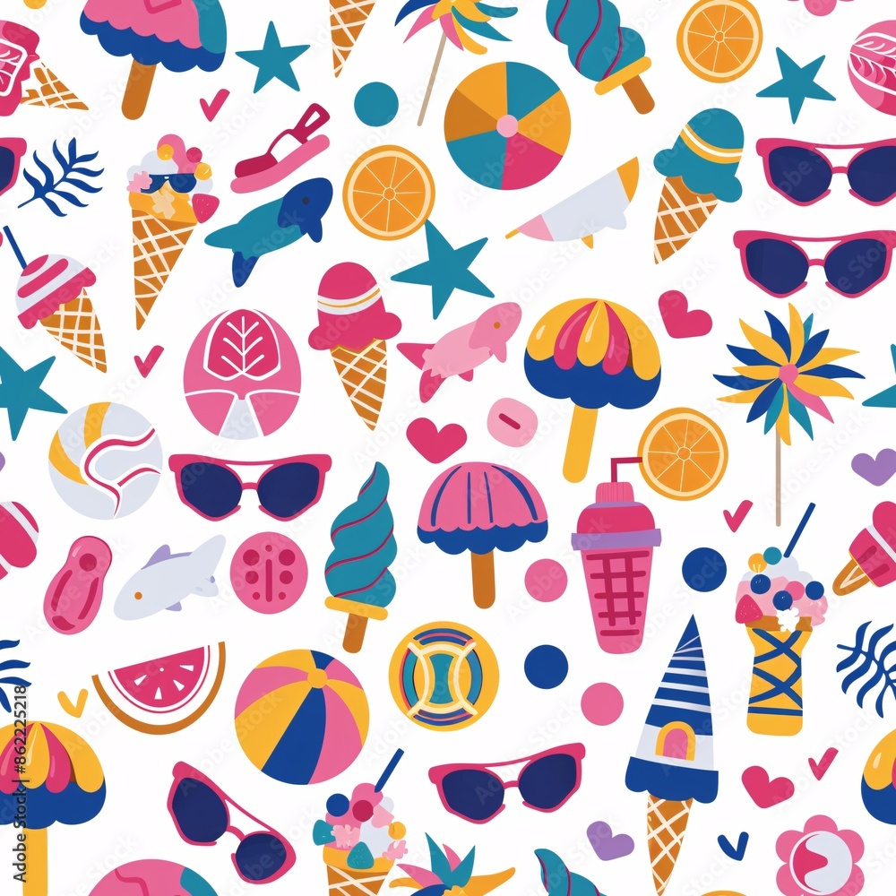 A seamless pattern featuring a set of summer icons including sunglasses, ice cream, and beach balls, arranged in a vibrant and playful design A seamless pattern featuring a set of summer icons including sunglasses, ice cream, and beach balls, arranged in a vibrant and playful design