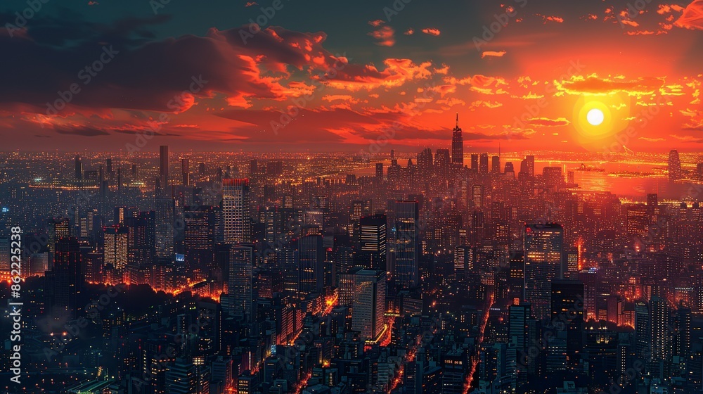 Darkness Enigmatic cityscape at night, with illuminated skyscrapers and streets, creating a captivating and mysterious urban atmosphere. Illustration, Minimalism, Darkness Enigmatic cityscape at night, with illuminated skyscrapers and streets, creating a captivating and mysterious urban atmosphere. Illustration, Minimalism,