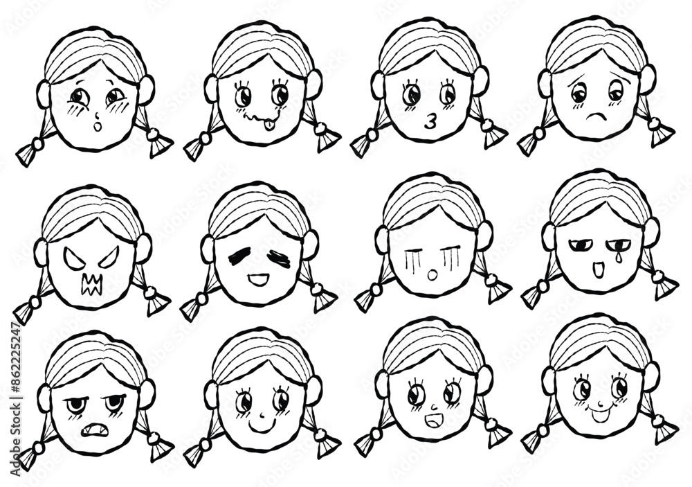 Set of Cartoon Girl Faces in Different Emotions and Moods Set of Cartoon Girl Faces in Different Emotions and Moods