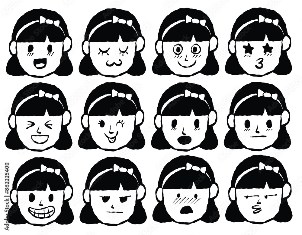 Set of Cartoon Girl Faces in Different Emotions and Moods Set of Cartoon Girl Faces in Different Emotions and Moods