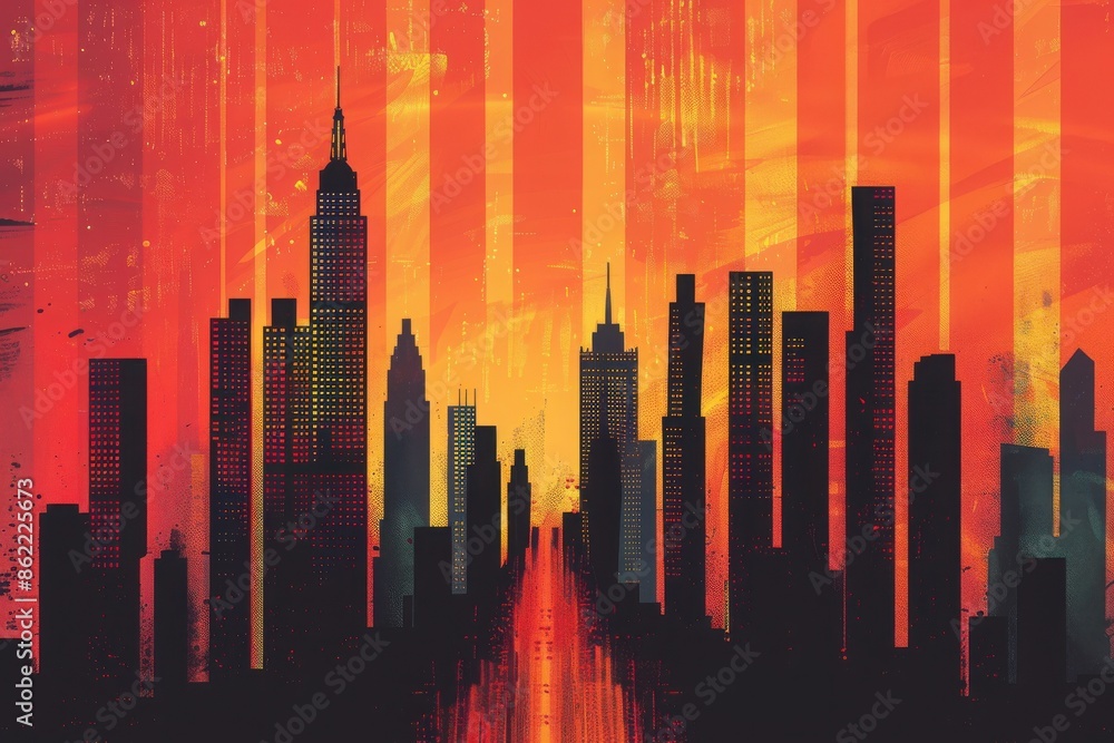 Fototapeta premium Stunning illustration of a city skyline at sunset with vibrant orange and red hues, featuring tall skyscrapers and a modern urban landscape.
