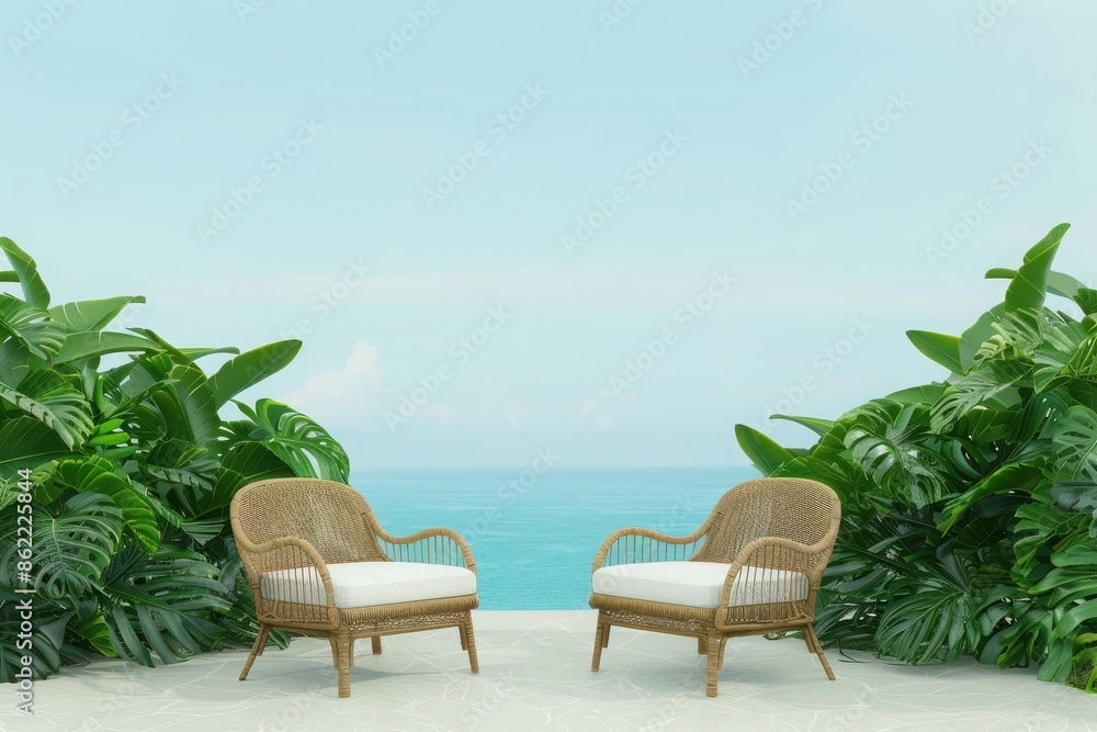 Two wicker chairs in tropical beach setting with lush green plants, blue ocean and sky in the background, perfect for relaxation and vacation. Two wicker chairs in tropical beach setting with lush green plants, blue ocean and sky in the background, perfect for relaxation and vacation.