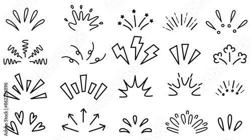 Pop Surprise Doodle Elements. Hand-Drawn Sunburst and Sparkle Rays for Title Frames