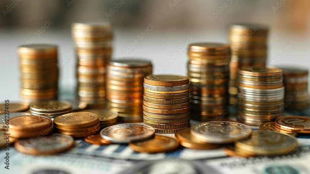 Dividend Graph showing rising dividends and financial growth, with stacks of coins and dollar bills, representing successful investments and economic prosperity. Illustration, Minimalism, Dividend Graph showing rising dividends and financial growth, with stacks of coins and dollar bills, representing successful investments and economic prosperity. Illustration, Minimalism,