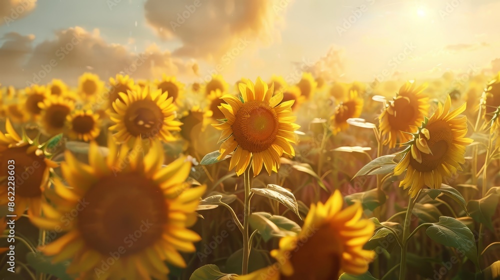 Fototapeta premium A field of yellow sunflowers with a bright sun in the background generated by AI