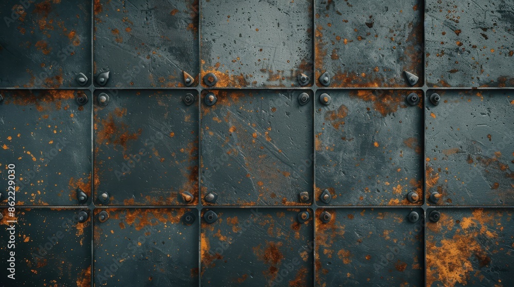 Close-up of rustic metal plates with rust and weathered texture, forming a grid pattern. Industrial background or abstract texture. Close-up of rustic metal plates with rust and weathered texture, forming a grid pattern. Industrial background or abstract texture.