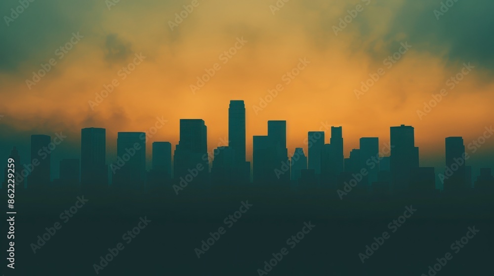 Fototapeta premium Dramatic city skyline silhouette at sunrise with vibrant orange and blue hues. Captivating urban landscape in calming early morning light.