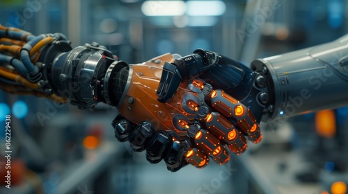 Two robotic arms shaking hands, symbolizing collaboration and the future of technology.