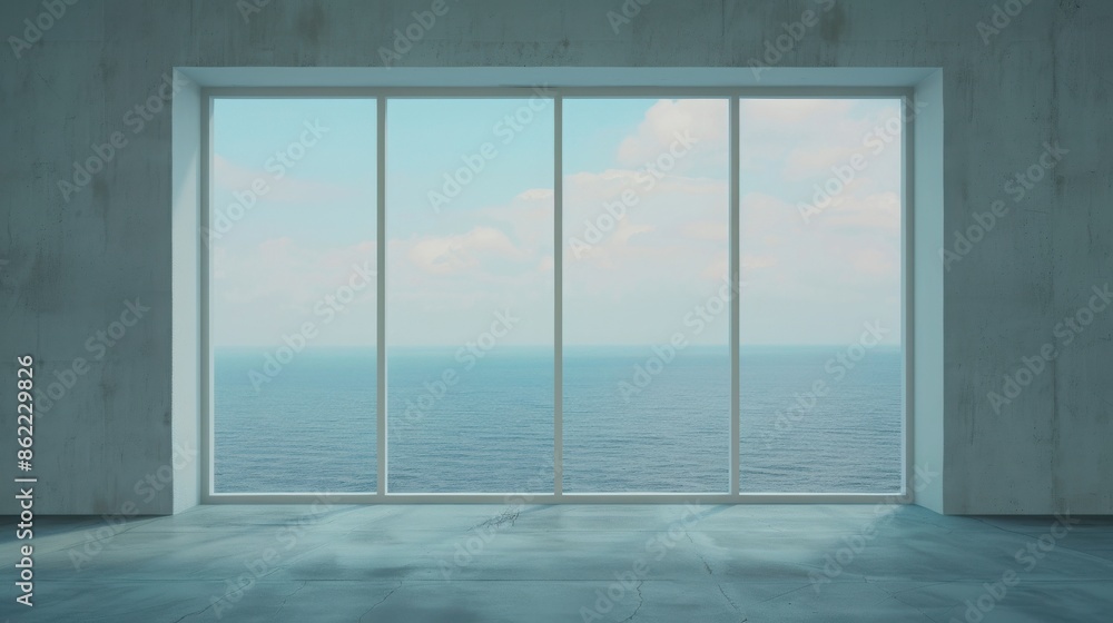 Fototapeta premium Modern minimalist room with large window showcasing a panoramic ocean view under a serene blue sky.