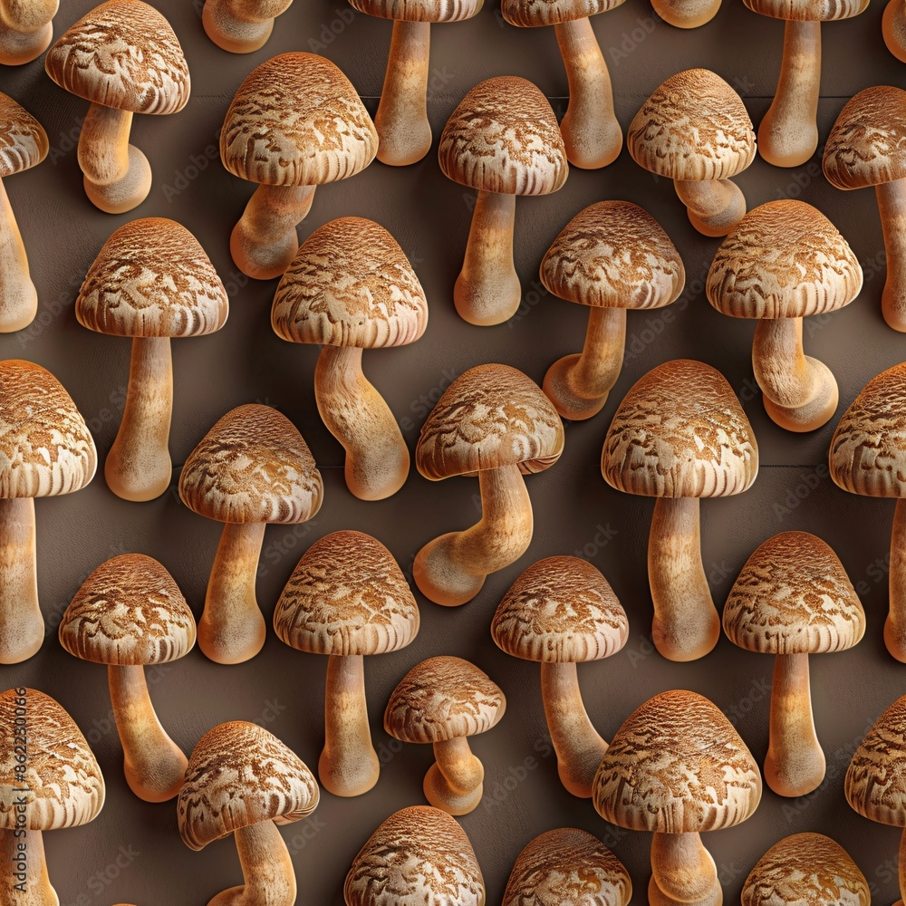 Seamless 3D render of mushrooms, laid out in rows to form a natural and cohesive pattern design Seamless 3D render of mushrooms, laid out in rows to form a natural and cohesive pattern design