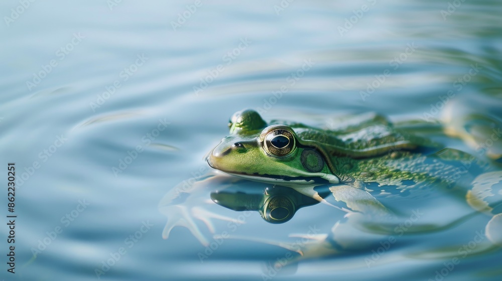 close-up of a green frog swimming in calm water, nature and wildlife concept close-up of a green frog swimming in calm water, nature and wildlife concept