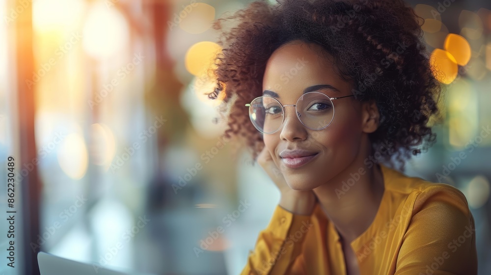 A young woman with curly hair and glasses smiles confidently while sitting in a cafe. She is wearing a yellow shirt. A young woman with curly hair and glasses smiles confidently while sitting in a cafe. She is wearing a yellow shirt.