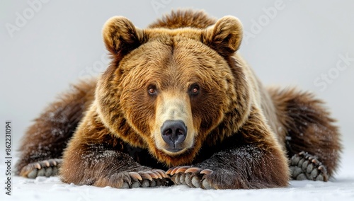 Close-Up Portrait of a Brown Bear Lying on Snow