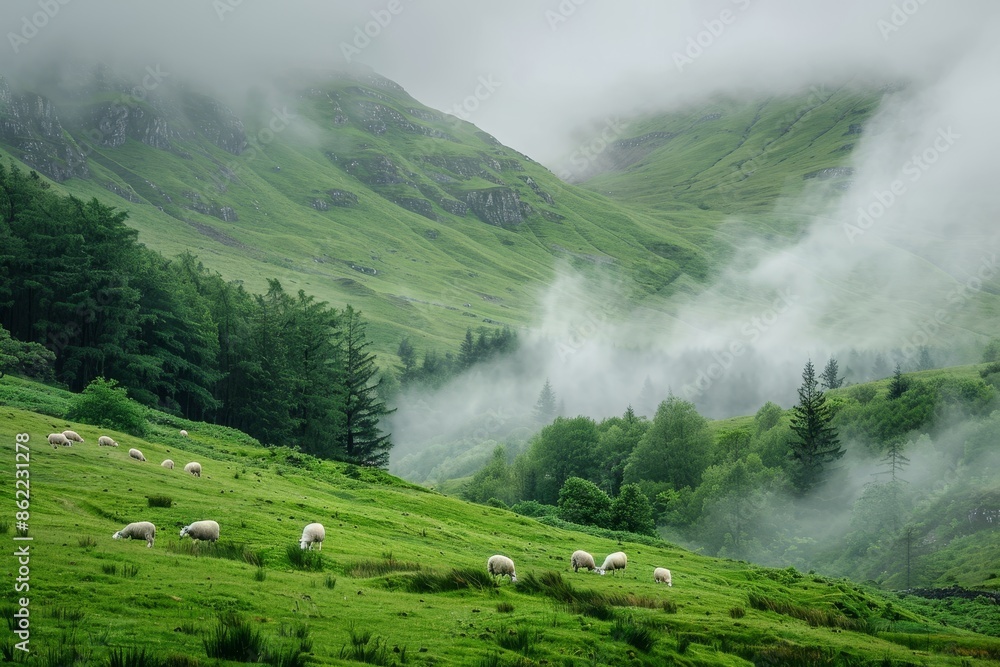 A herd of sheep are grazing in a lush green field generated by AI A herd of sheep are grazing in a lush green field generated by AI