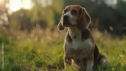 Beagle sitting on grass and gazing elsewhere photo
