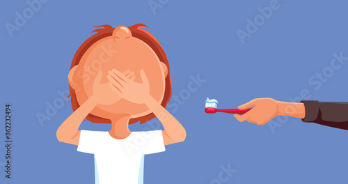 Boy Covering Mouth Refusing to Brush Vector Illustration. Child rejecting toothpaste because of bad taste 
