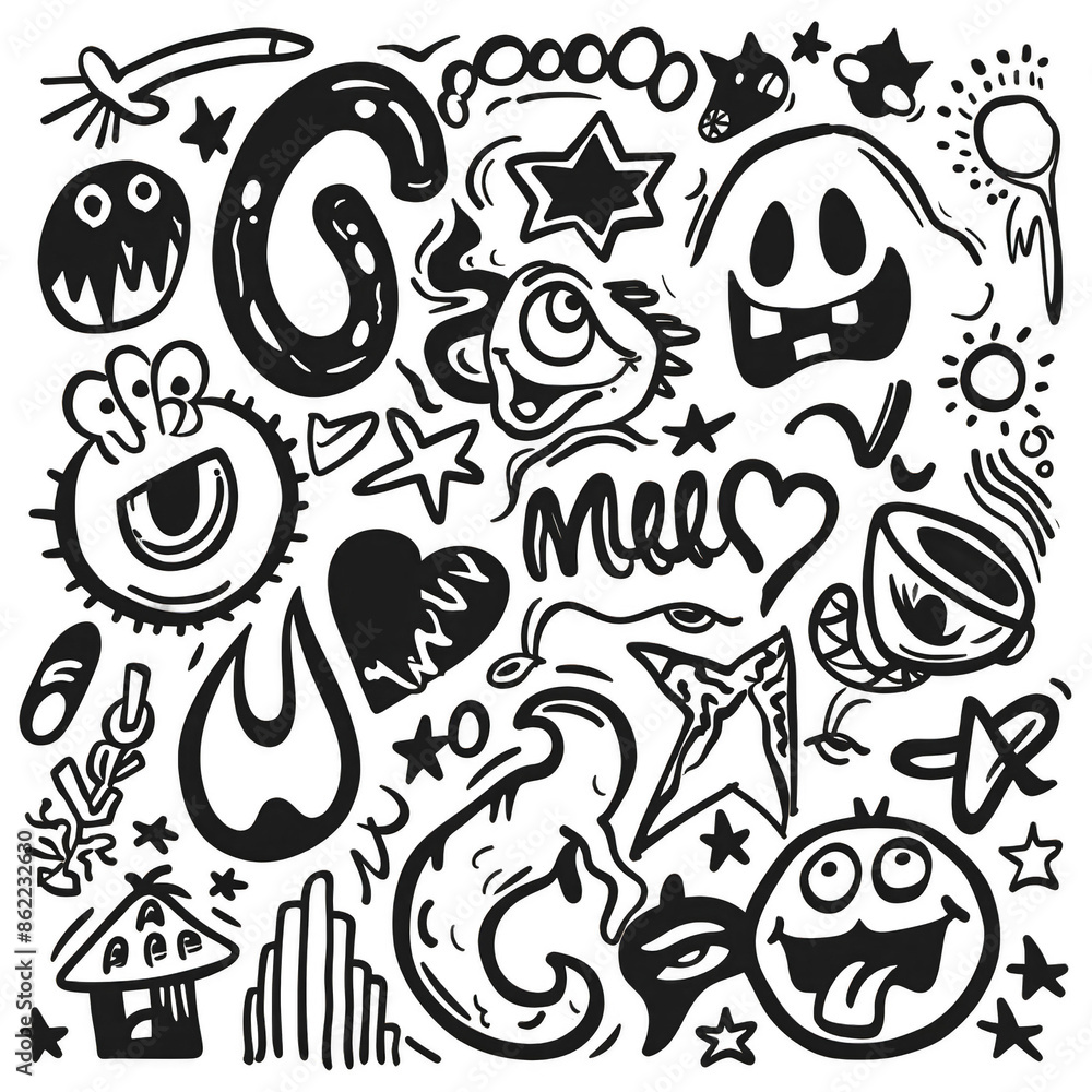 A black and white drawing of various cartoon characters and symbols A black and white drawing of various cartoon characters and symbols