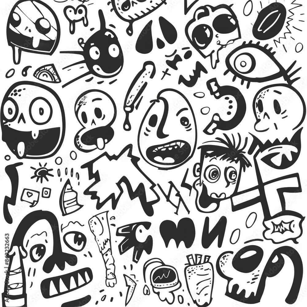 A black and white drawing of various faces and objects, including a skull A black and white drawing of various faces and objects, including a skull