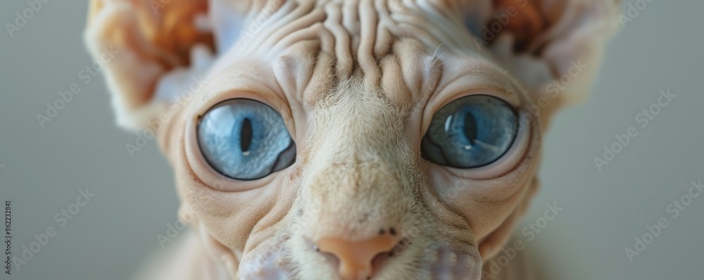 Close-up of a sphynx kitten with large blue eyes and wrinkled skin, studio shot. Unique pet concept Close-up of a sphynx kitten with large blue eyes and wrinkled skin, studio shot. Unique pet concept