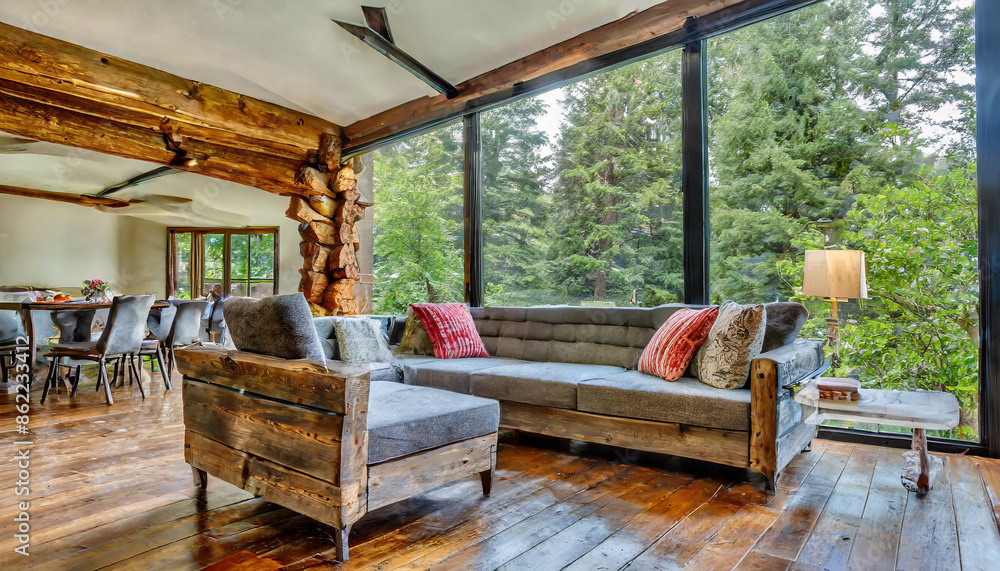 Obraz premium rustic, log, log cabin, room, home, furniture, house, window, design, lamp, architecture, wall, decor, wood, living, light, indoor, comfortable, floor, pillow