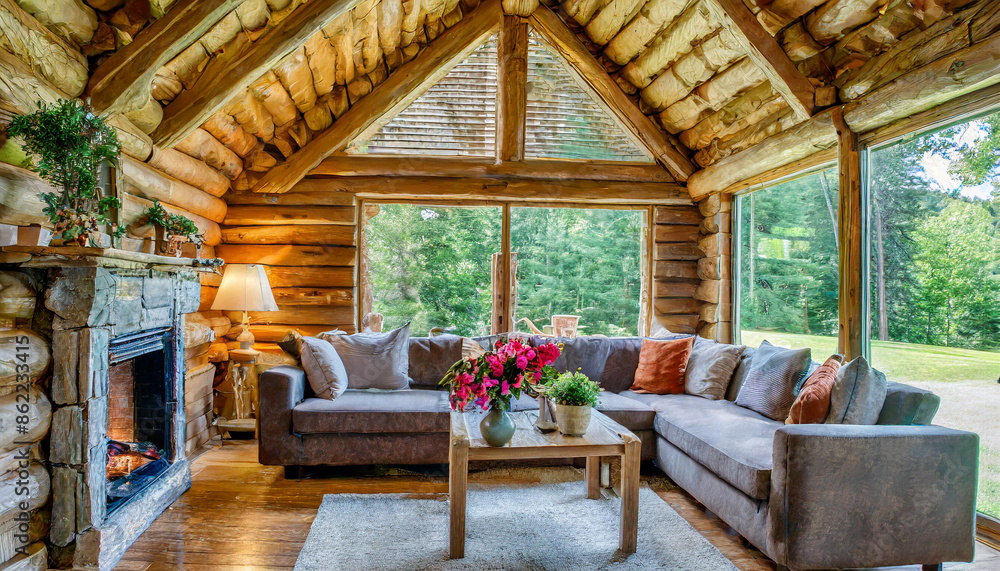 Naklejka premium rustic, log, log cabin, room, home, furniture, house, window, design, lamp, architecture, wall, decor, wood, living, light, indoor, comfortable, floor, pillow