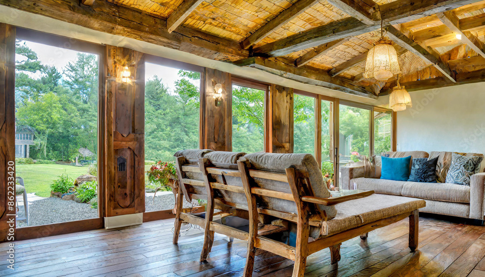 Fototapeta premium rustic, log, log cabin, room, home, furniture, house, window, design, lamp, architecture, wall, decor, wood, living, light, indoor, comfortable, floor, pillow