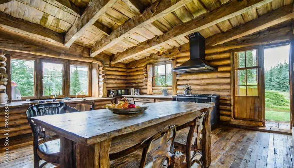 Fototapeta premium rustic, log, log cabin, room, home, furniture, house, window, design, lamp, architecture, wall, decor, wood, living, light, indoor, comfortable, floor, pillow