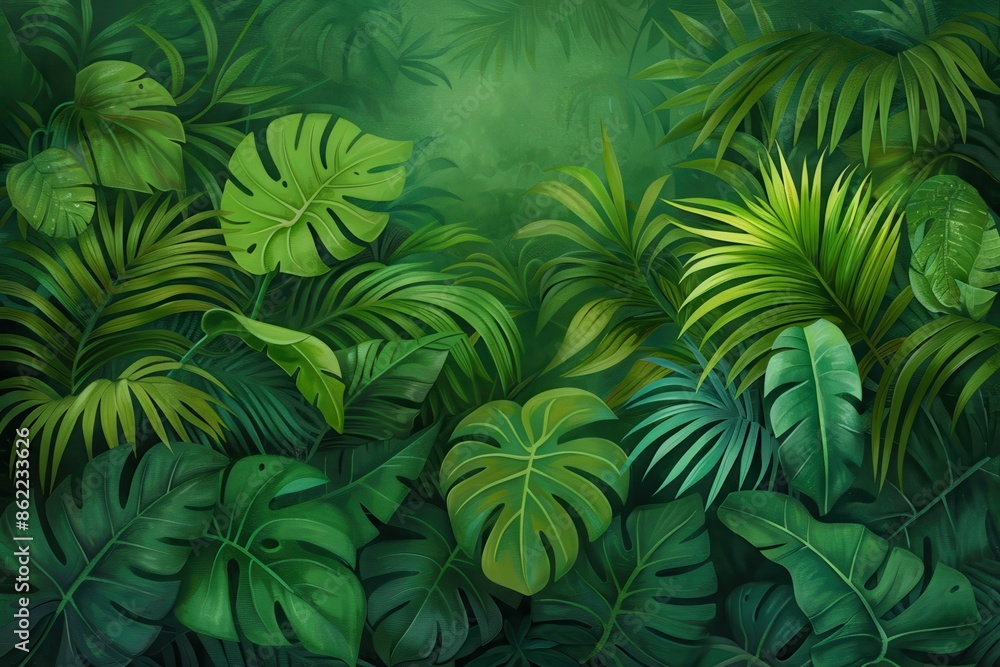 Lush green tropical jungle foliage with various leaf shapes and vibrant shades of green, creating a dense, natural background. Lush green tropical jungle foliage with various leaf shapes and vibrant shades of green, creating a dense, natural background.
