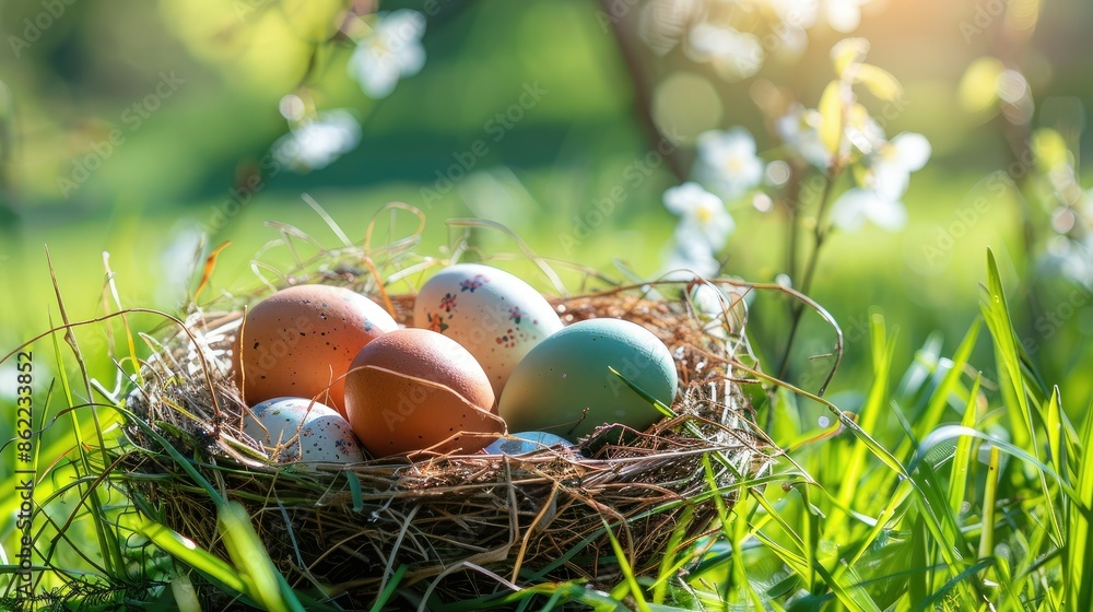 Nest with easter eggs in grass on a sunny spring day