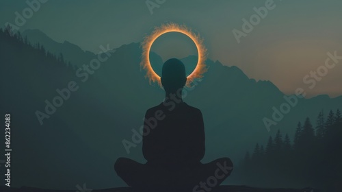 Silhouette of a person meditating with a glowing halo against a serene mountain backdrop, symbolizing inner peace and enlightenment. photo