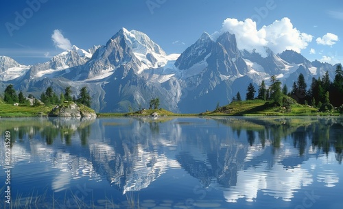 Picturesque Swiss Alps Lake Reflection On Sunny Day