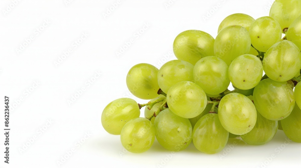 Close-up of fresh green grapes against a white background, showcasing their juicy and vibrant texture, ready to be enjoyed or used in recipes. Close-up of fresh green grapes against a white background, showcasing their juicy and vibrant texture, ready to be enjoyed or used in recipes.