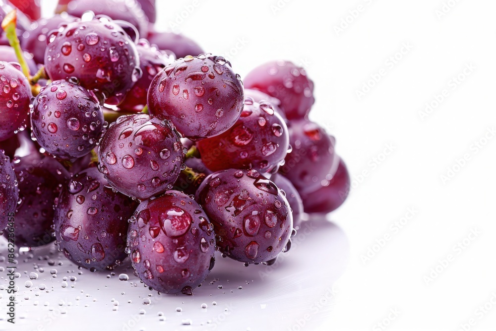 Close-up of fresh, dewy red grapes on a white background, showcasing their vibrant color and juicy texture. Close-up of fresh, dewy red grapes on a white background, showcasing their vibrant color and juicy texture.