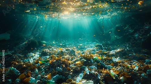A large underwater scene with plastic debris. photo