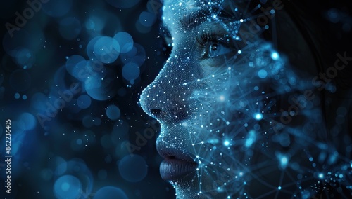 Digital Networked Face with Glowing Blue Connections