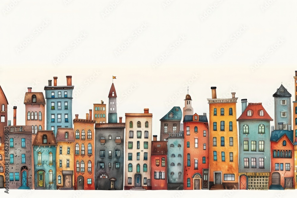 Obraz premium Colorful illustration of charming, whimsical row houses against a plain background, ideal for urban and architectural themes.