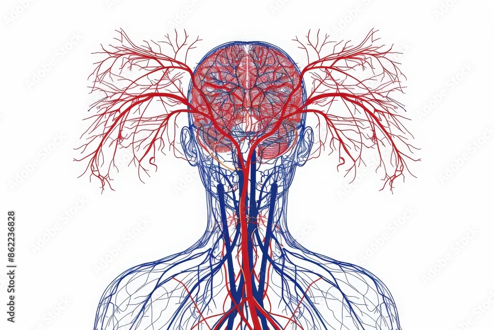 Detailed anatomical illustration of human blood vessels and brain with ...