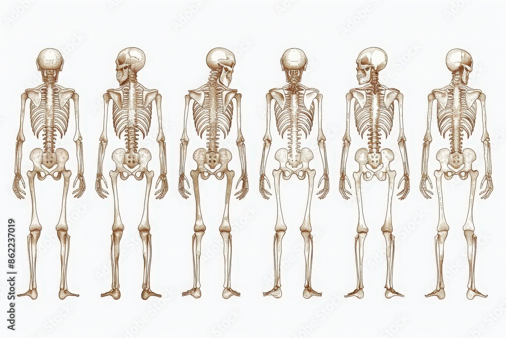 Detailed illustration of human skeleton in various angles, showcasing anatomical structure, perfect for educational and medical use. Detailed illustration of human skeleton in various angles, showcasing anatomical structure, perfect for educational and medical use.