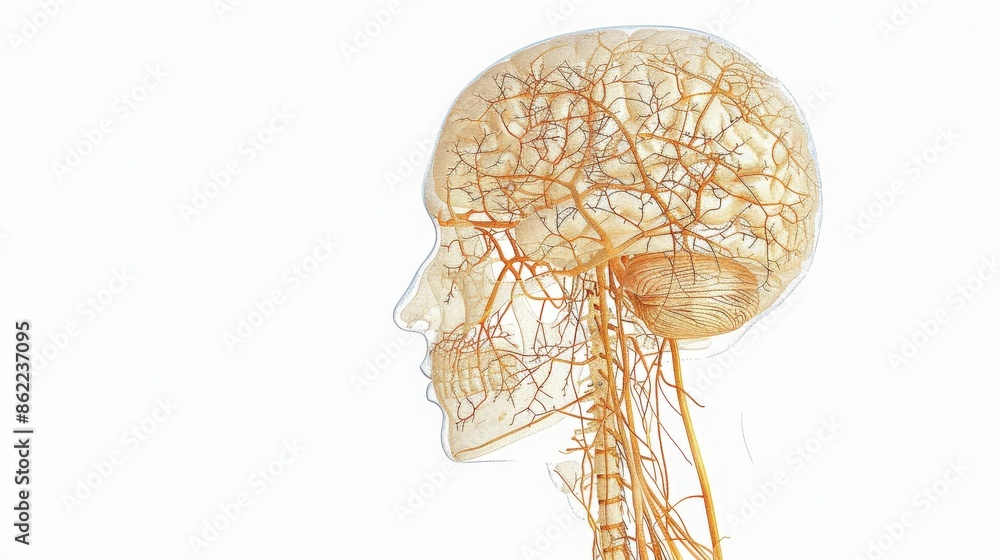 Detailed medical illustration of the human brain with intricate blood vessels, showcasing complex anatomy in a side view. Detailed medical illustration of the human brain with intricate blood vessels, showcasing complex anatomy in a side view.