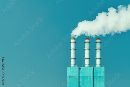 Industrial chimneys emitting smoke against a clear blue sky, highlighting environmental pollution and industrial emissions.