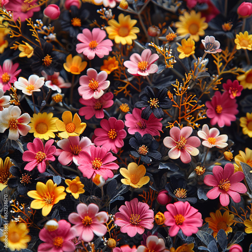 Colorful artificial flowers as background. Floral pattern and texture. © 은호 이