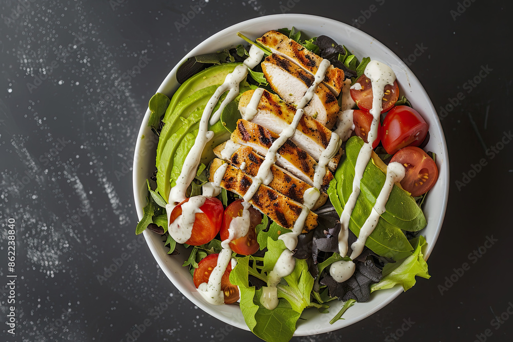 Overhead view of salad bowl with greens, grilled chicken, avocado, tomatoes, ranch in modern eatery.