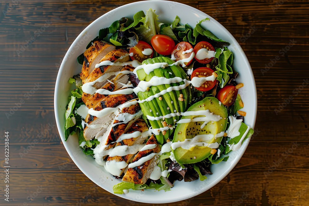 Salad bowl with grilled chicken, avocado, tomatoes, ranch in bright, modern, health-focused eatery.