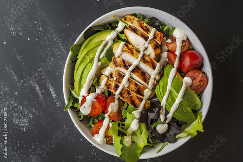 Obraz na płótnie Overhead view of salad bowl with greens, grilled chicken, avocado, tomatoes, ranch in modern eatery. w salonie
