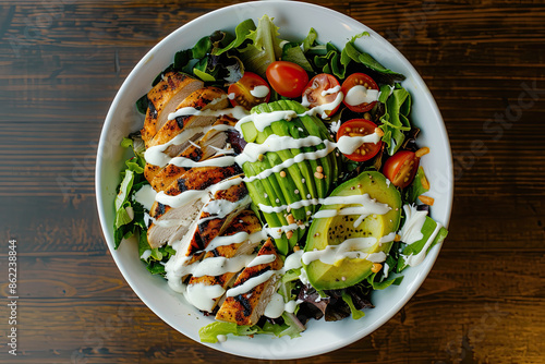 Obraz na płótnie Salad bowl with grilled chicken, avocado, tomatoes, ranch in bright, modern, health-focused eatery. w salonie