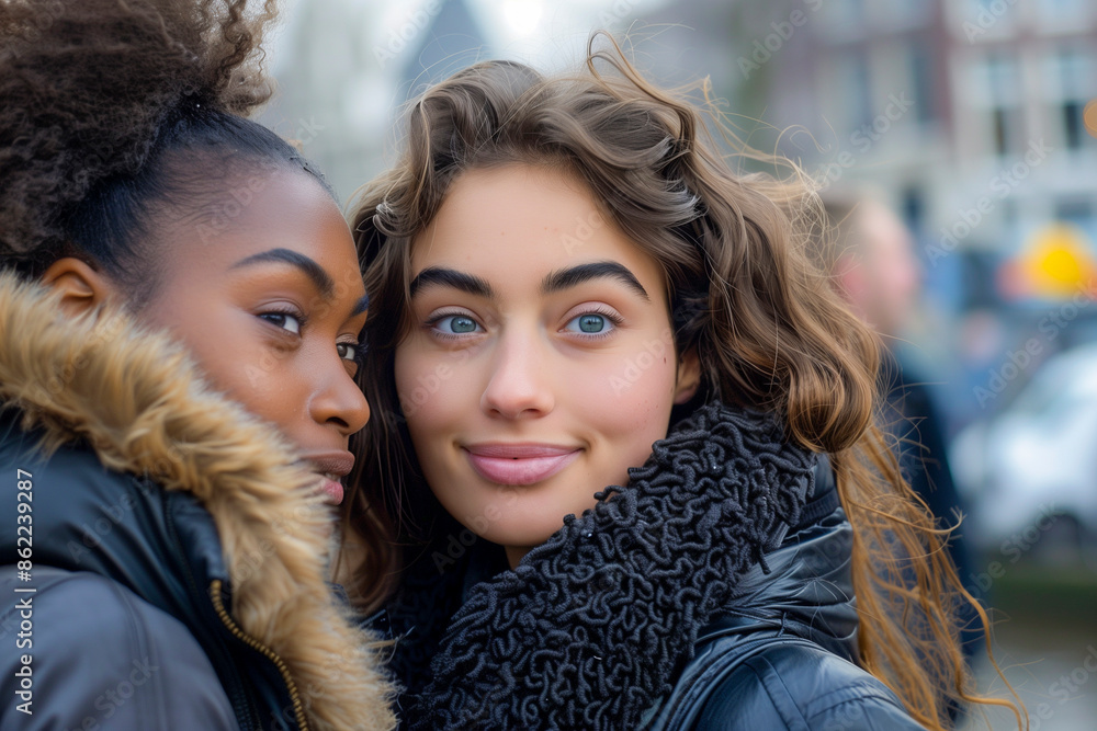 two women in their 30s, one Caucasian and one African-American, taking a selfie at the Amsterdam canals. two women in their 30s, one Caucasian and one African-American, taking a selfie at the Amsterdam canals.