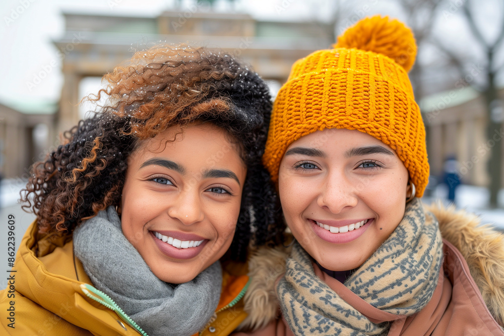 two young women in their 20s, one South Asian and one European, taking a selfie at the Brandenburg Gate. two young women in their 20s, one South Asian and one European, taking a selfie at the Brandenburg Gate.