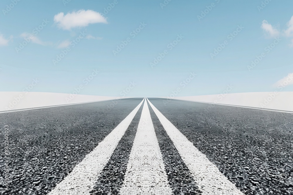 Naklejka premium A straight road with white lines extending to the horizon under a clear blue sky. Perfect for travel or journey concepts.