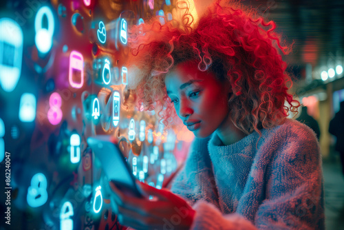 Young woman using smartphone, Social media concept. app icons and emojis are floating above the phone like holograms all around her.