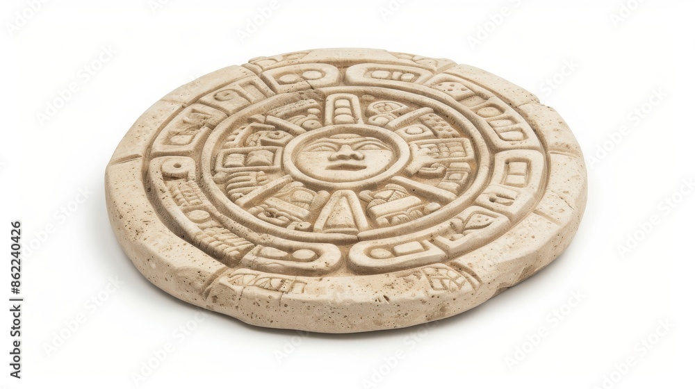 Ancient carved stone disc with intricate geometric and symbolic patterns, representing historic cultural heritage. Ancient carved stone disc with intricate geometric and symbolic patterns, representing historic cultural heritage.